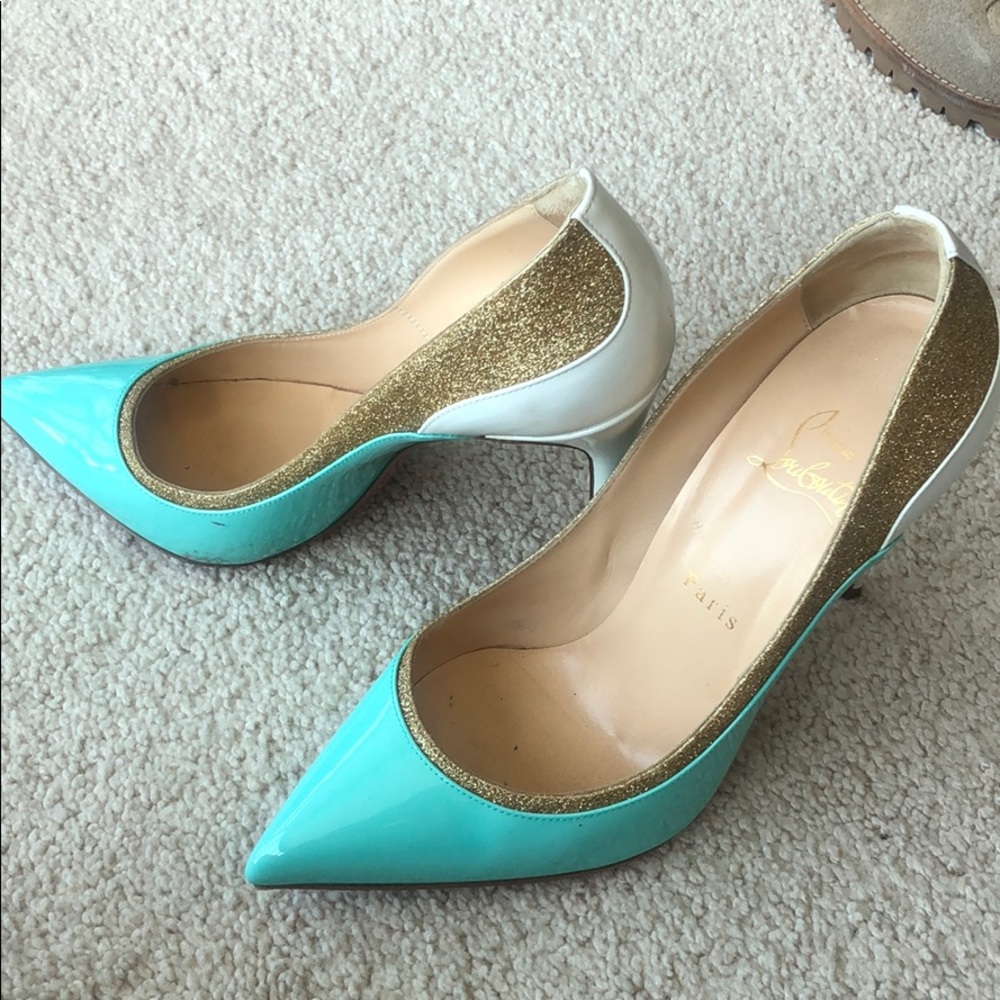 Christian Louboutin Tiffany blue, white and gold